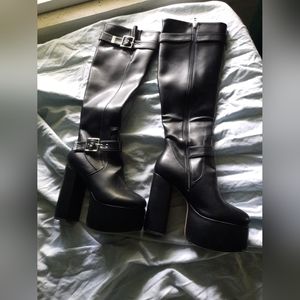 Black Faux Leather Knee High Platform Boots Size 8